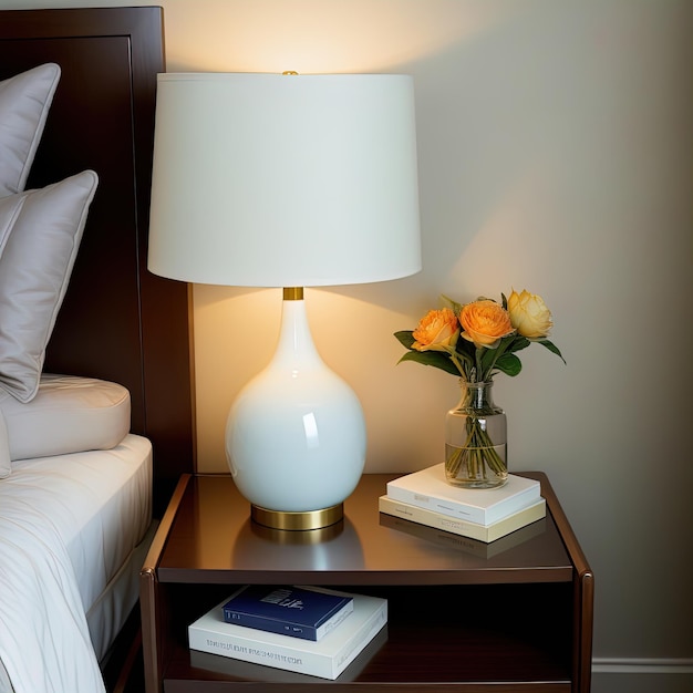 almohada blanca en la cama con lámpara en la mesa con lámpara, diseño interior moderno de una habitación de hotel