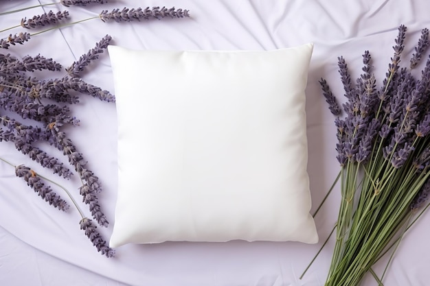 Almohada blanca en una manta púrpura suave con ramas de lavanda plantilla de cojín en blanco para su presentación de diseño gráfico maqueta de cubierta de almohada para impresión ilustración personalizada IA generativa