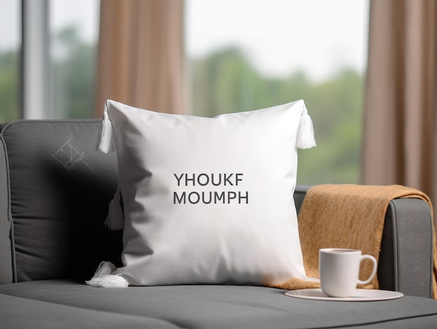 Una almohada blanca con la palabra ykf mowm