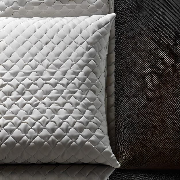 Una almohada blanca con un patrón de diamantes y una pared negra detrás.