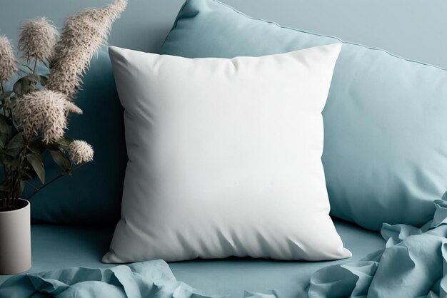 Una almohada blanca se sienta en un sofá azul con una almohada blanca que dice "blanco".