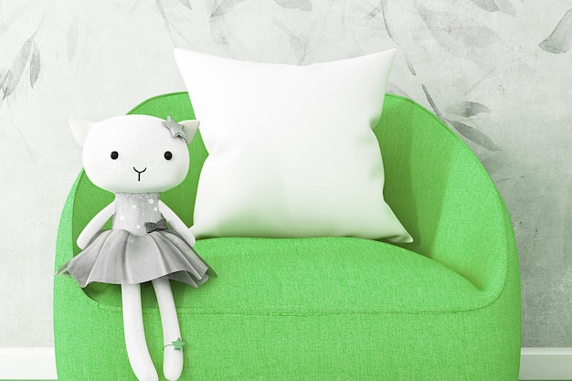 Almohada en blanco niños blancos y gato de peluche y silla verde