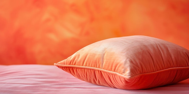 Foto una almohada en el color de moda peach fuzz puesta contra un fondo con enfoque selectivo que proporciona un amplio espacio de copia para contenido o texto adicional