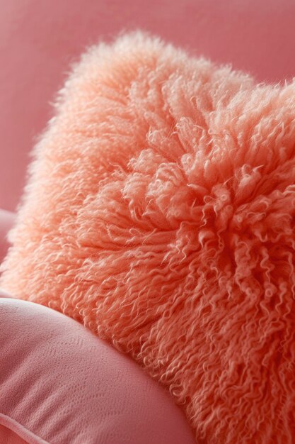 Una almohada en el color de moda Peach Fuzz puesta contra un fondo con enfoque selectivo que proporciona un amplio espacio de copia para contenido o texto adicional