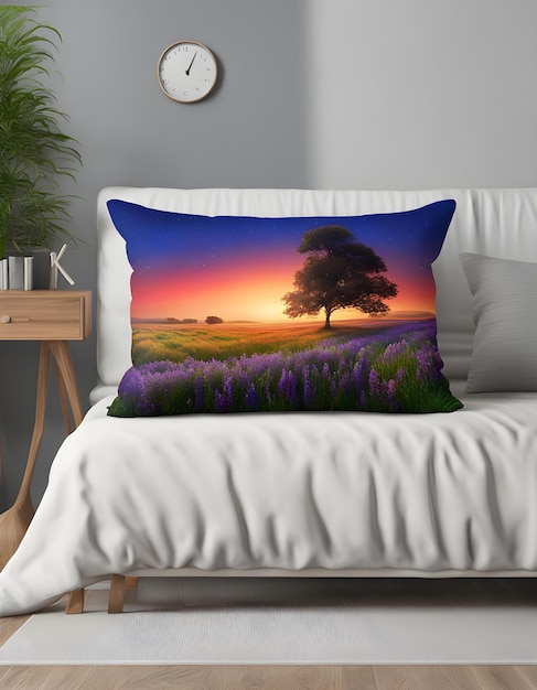 una almohada de lanzamiento colorida con una puesta de sol en la cubierta