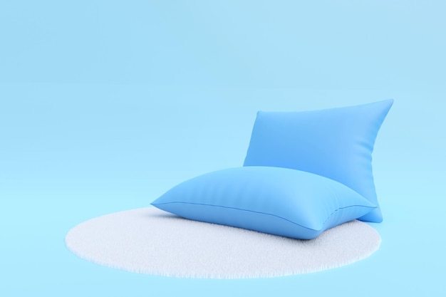 Foto almohada suave azul sobre fondo de alfombra blanca para la representación 3d del producto puesto