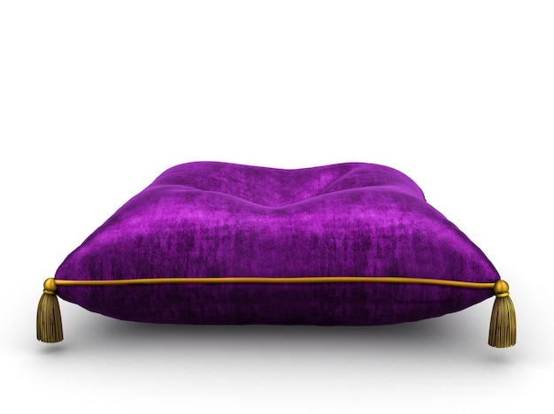 Almohada de terciopelo morado real sobre fondo blanco.