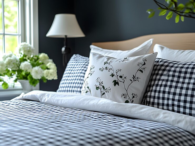 Almohadas blancas en una cama con varios diseños de funda de almohada en azul en un dormitorio acogedor IA generativa