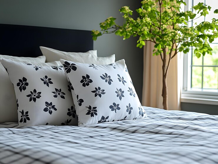 Almohadas blancas en una cama con varios diseños de funda de almohada en un dormitorio acogedor y un árbol IA generativa