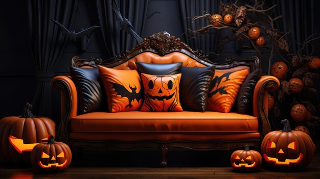 Foto las almohadas de calabaza decoran el sofá de halloween generative ai