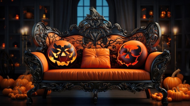 Las almohadas de calabaza decoran el sofá de Halloween Generative Ai