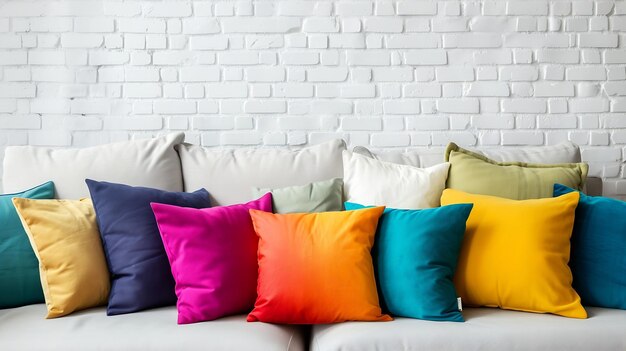 Almohadas coloridas en un sofá con pared de ladrillo blanco en el fondo IA generativa