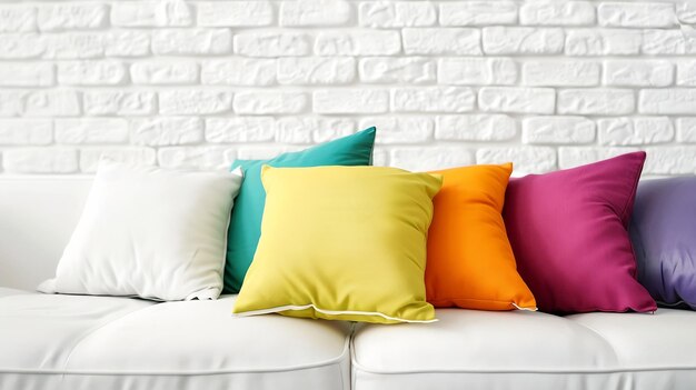 Foto almohadas coloridas en un sofá con pared de ladrillo blanco en el fondo ia generativa