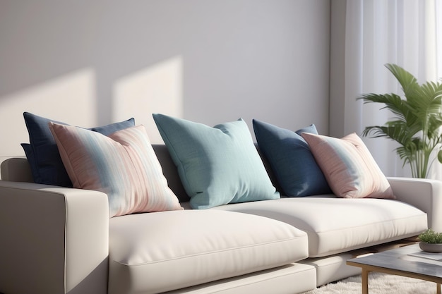 Almohadas en un cómodo sofá en el interior luminoso de la sala de estar