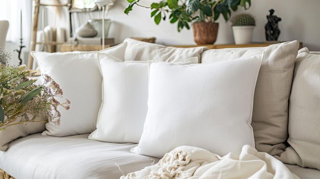 almohadas cuadradas blancas que adornan un sofá en una sala de estar moderna iluminada por una iluminación suave que acentúa su textura y forma invitando a la relajación y la comodidad