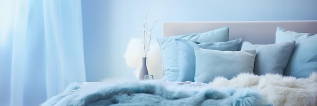 Almohadas grises colocadas en ropa de cama de esquema de colores azules IA generativa