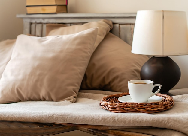 almohadas marrones con mesa vintage taza de té con luz de cama