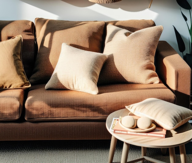 Foto almohadas de salón de diseño interior moderno en la decoración del sofá en el interior de la sala de estar