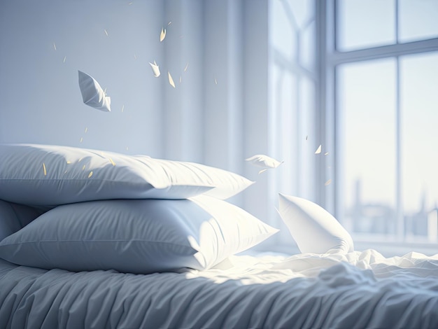 Almohadas volando sobre la cama en el cuarto blanco ai generativo