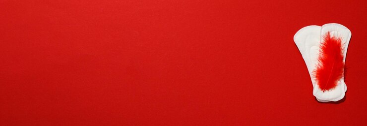 Almohadilla menstrual con plumas rojas sobre un fondo rojo.