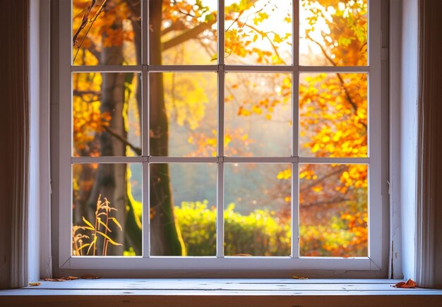 Almohadilla de ventana alta blanca con jardín de otoño en el fondo