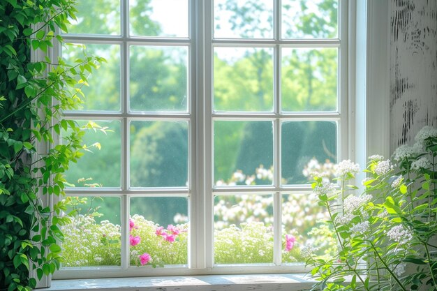 Almohadilla de ventana alta blanca con jardín de primavera en el fondo