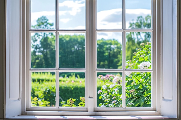 Almohadilla de ventana alta blanca con jardín de verano en el fondo