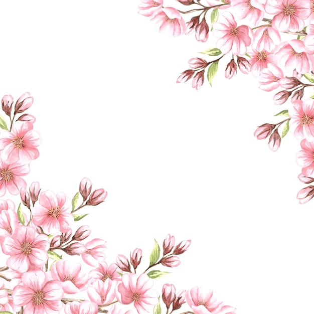 Almond pink flowers with leaves and buds watercolor square frame isolated floral template