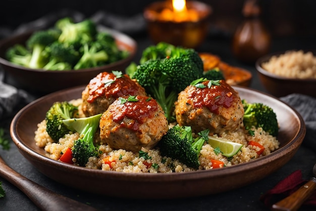 almôndegas assadas de filé de frango com guarnição de quinoa e brócolis cozido nutrição adequada esportes