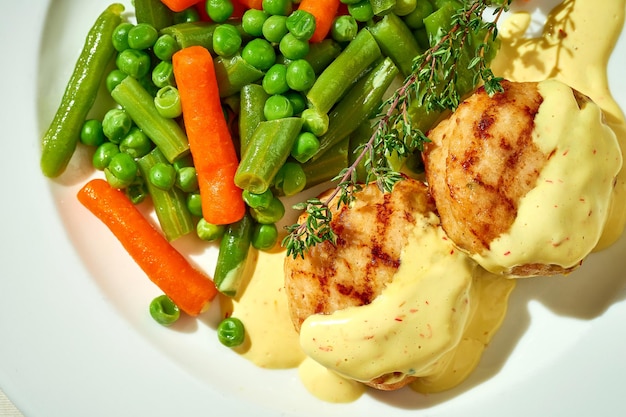 Almôndegas de frango com legumes cozidos no vapor em um prato Toalha de mesa branca leve e resistente