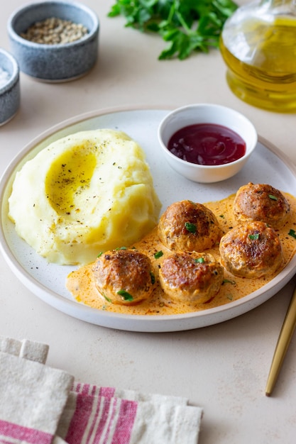 Almôndegas suecas em batatas com molho de creme e molho de mirtilo Cozinha sueca Receita