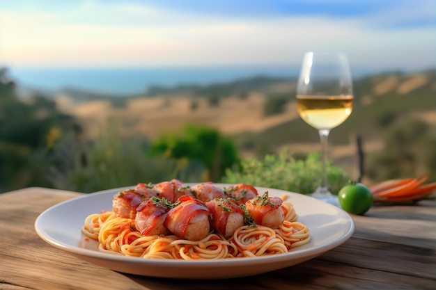 Almuerzo al aire libre con vieiras envueltas en tocino, pasta y bebida en la mesa de madera