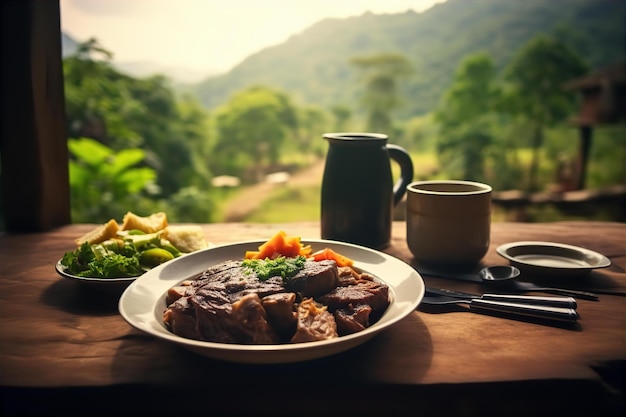 Foto almuerzo con asado en olla y soda en el área al aire libre y el fondo de la naturaleza de la colina