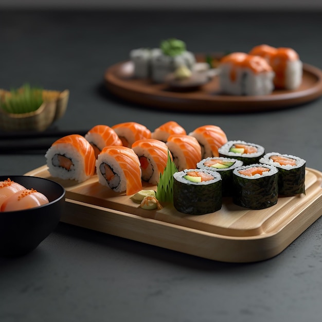 Almuerzo comida delicada llena de verduras frescas llenas de colores sabroso marisco langostinos sushi