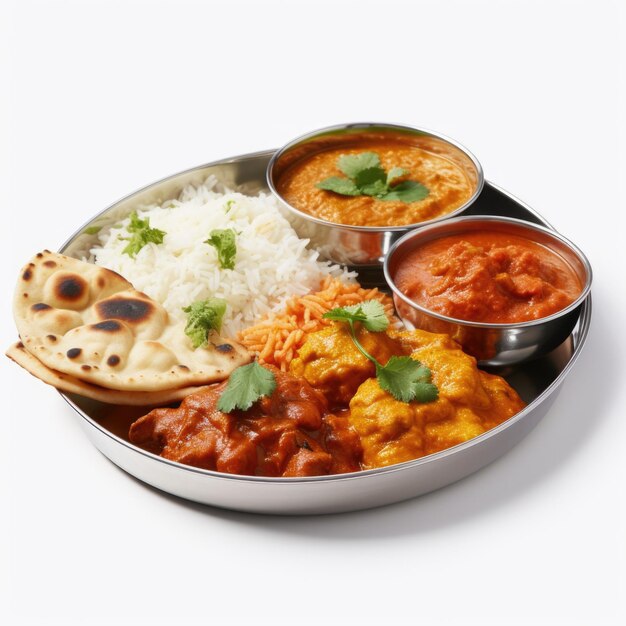 Almuerzo de comida de estilo indio en fondo blanco