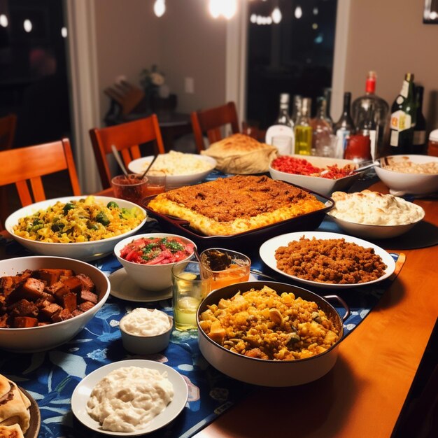 Foto un almuerzo comunitario con una variedad de platos