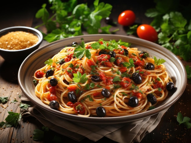 Almuerzo italiano Spaghetti alla puttanesca plato de pasta italiana con tomates