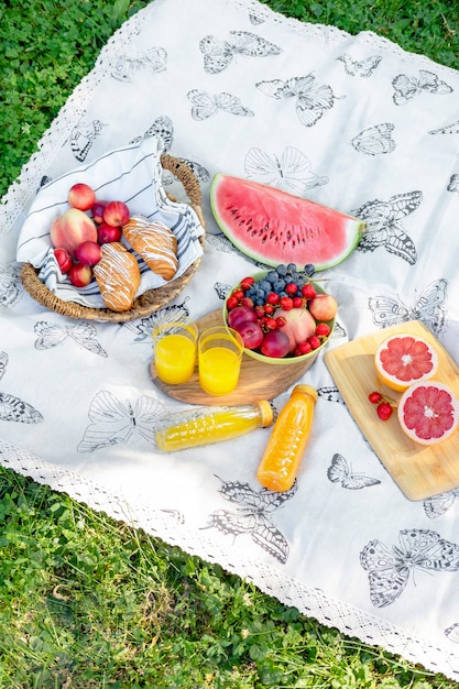 Almuerzo ligero de picnic de verano de sandía y fruta en el jardín.