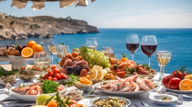 Almuerzo en el mar con vistas a las rocas mariscos frutas verduras copas de vino en un día soleado