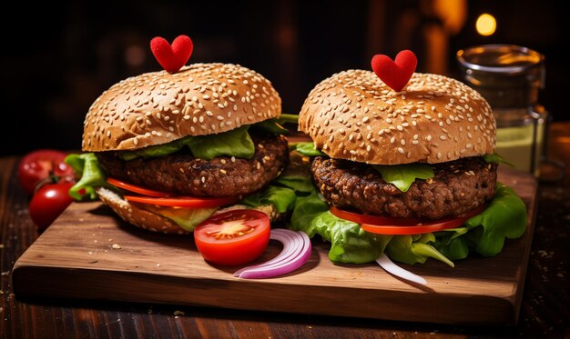 Almuerzo o desayuno del día de San Valentín con sándwiches o hamburguesas sobre fondo de madera