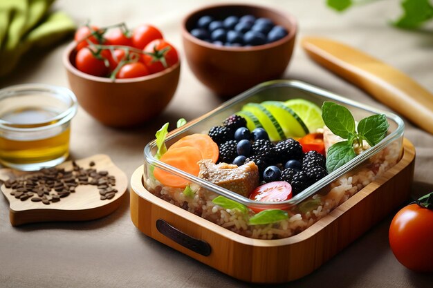 Foto almuerzo saludable y equilibrado en un recipiente de vidrio