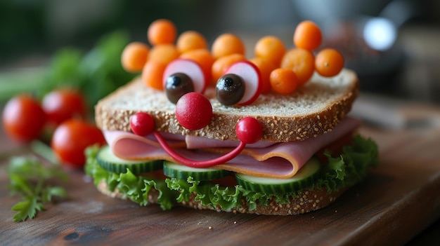 Un almuerzo saludable para niños con una linda cara de payaso en un sándwich de jamón decorado con zanahorias de pepino y tomates