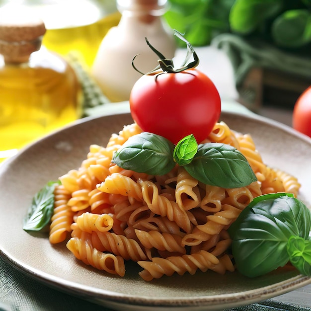 Almuerzo saludable pasta vegetariana con tomate fresco