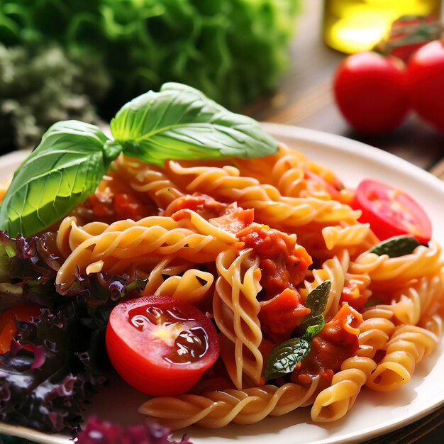 Almuerzo saludable pasta vegetariana con tomate fresco