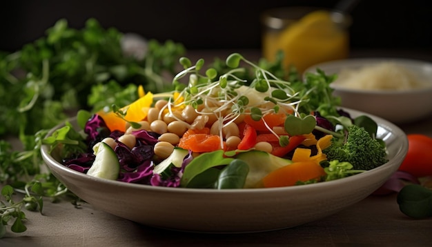 Almuerzo saludable de verano que mezcla frutas, pimienta, ráfago y zanahoria generados por IA