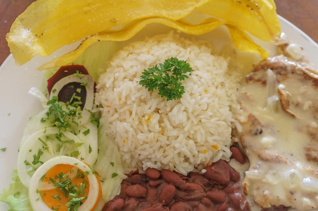 Almuerzo típico de carne, frijoles, plátanos y arroz en Nicaragua