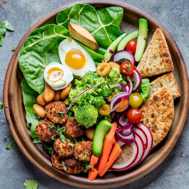 Almuerzo vegetariano en plato de madera con variedad