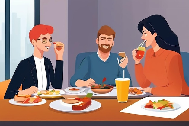 Almuerzo virtual con compañeros de trabajo Ilustración de escena de estilo plano vectorial