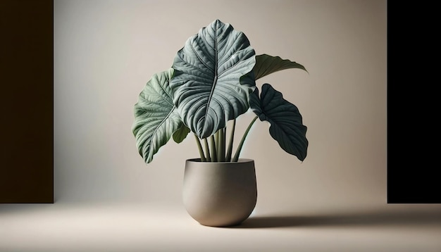 Alocasia Maharani-Pflanze in einem Keramiktopf Die Alocesia Maharani ist bekannt für ihre texturfreie Grünfarbe