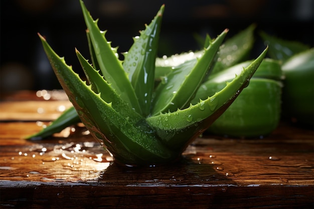 Aloe fresco con fondo de madera